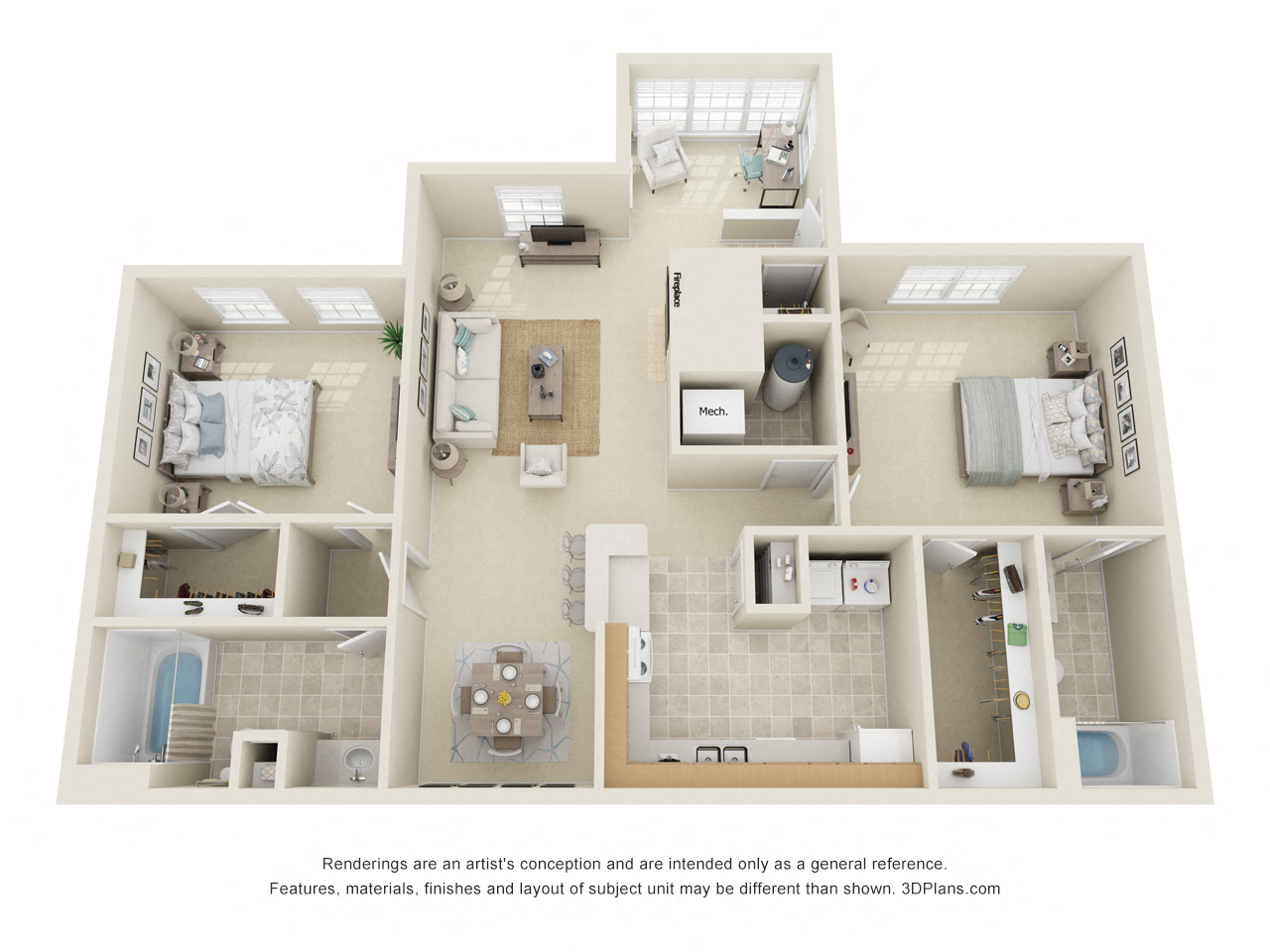 Floor plan for 2 beds, 2 baths, 1150 sqft
